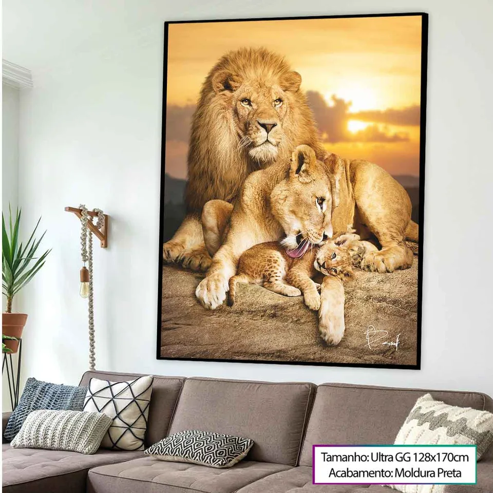 Quadro Família de Leões - O Primogênito com moldura preta