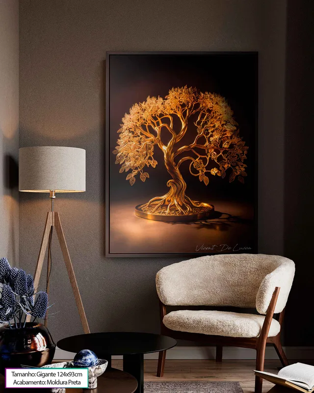 Quadro Árvore da Vida de Ouro em sala com poltrona clara e abajur
