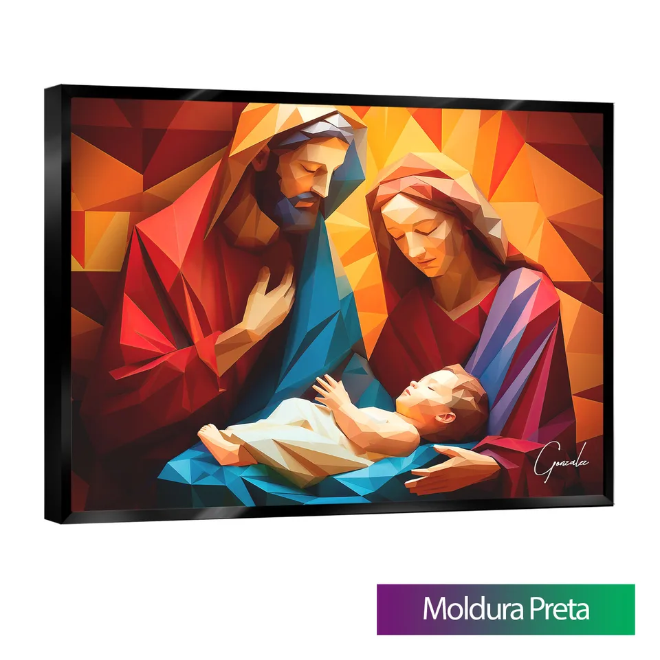 Quadro Família Abençoada Geométrica com moldura de filete preta