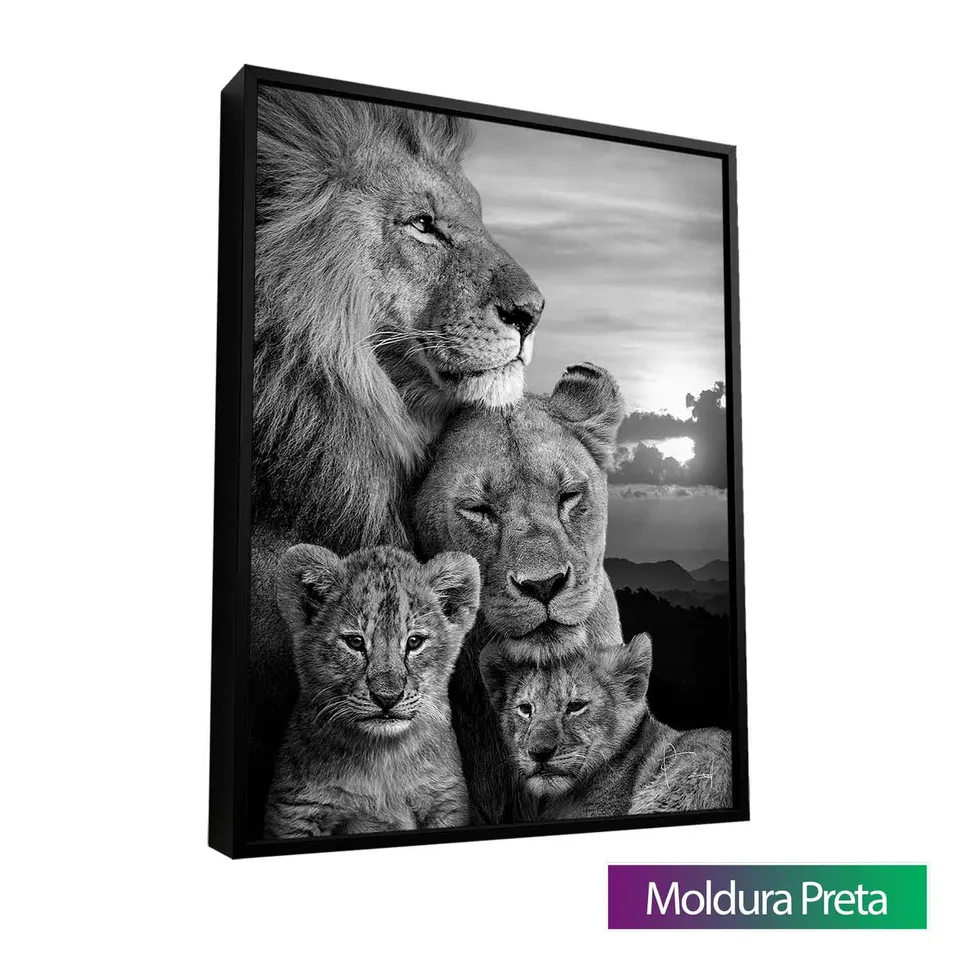 Quadro Família de Leões com moldura de filete preta