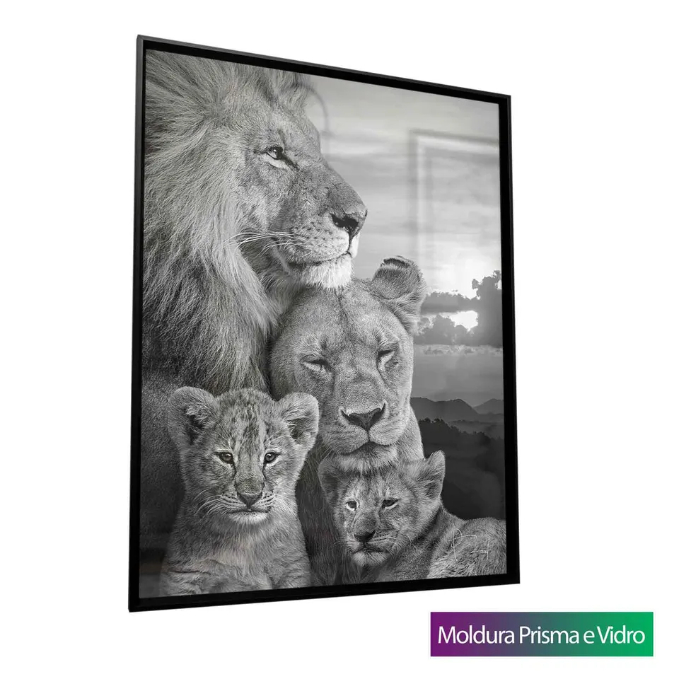 Quadro Família de Leões com moldura Prisma e vidro