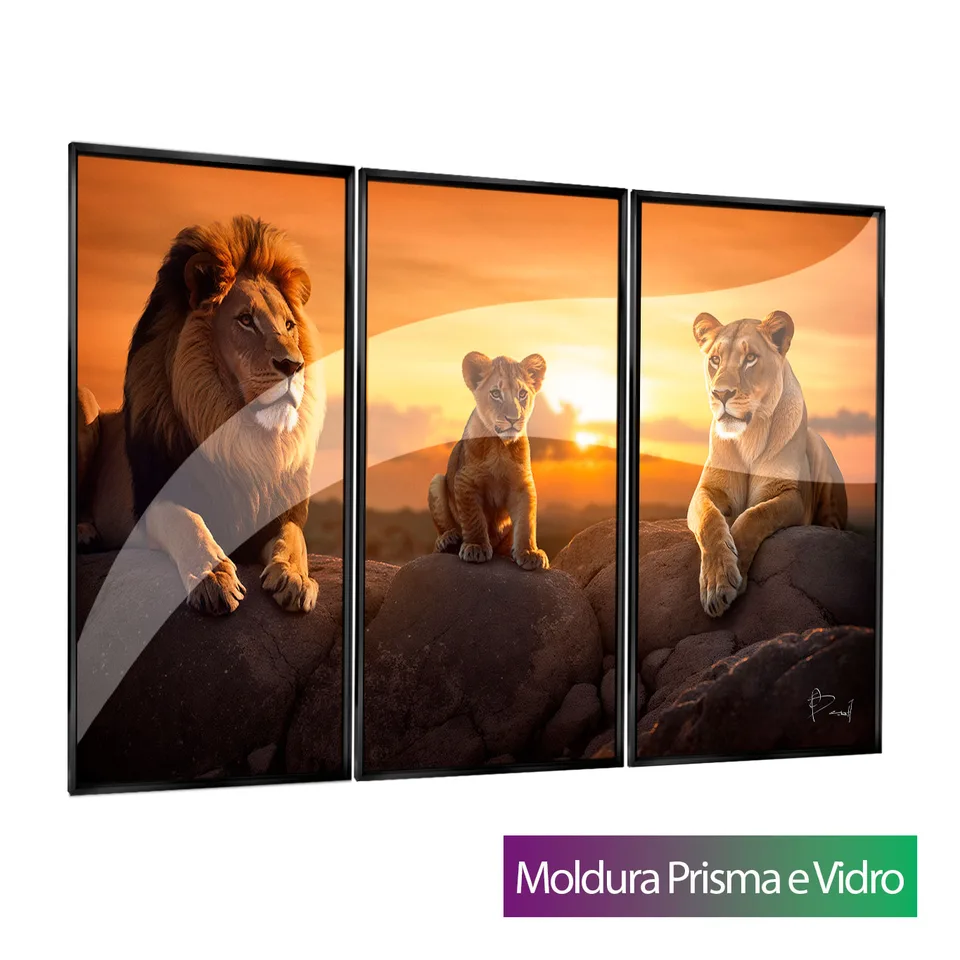 Quadro Família de Leões 3 Peças com moldura Prisma e vidro
