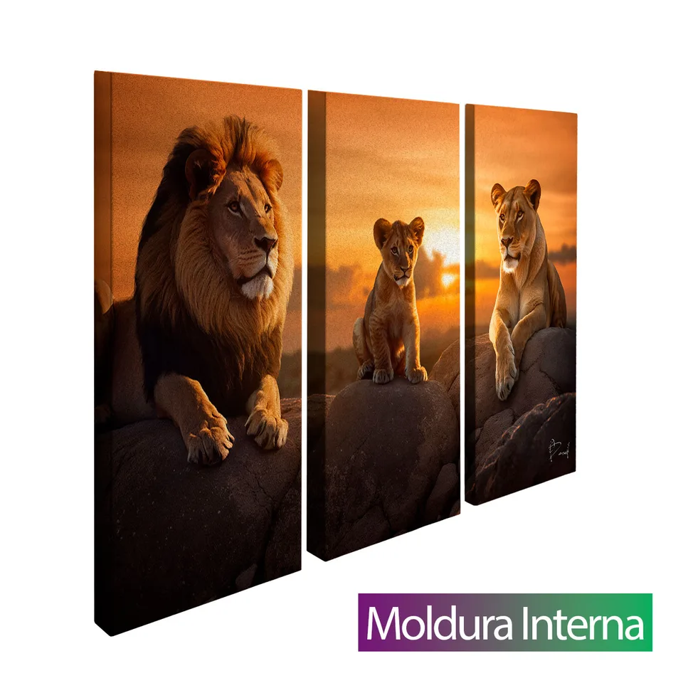 Quadro Família de Leões 3 Peças com moldura interna