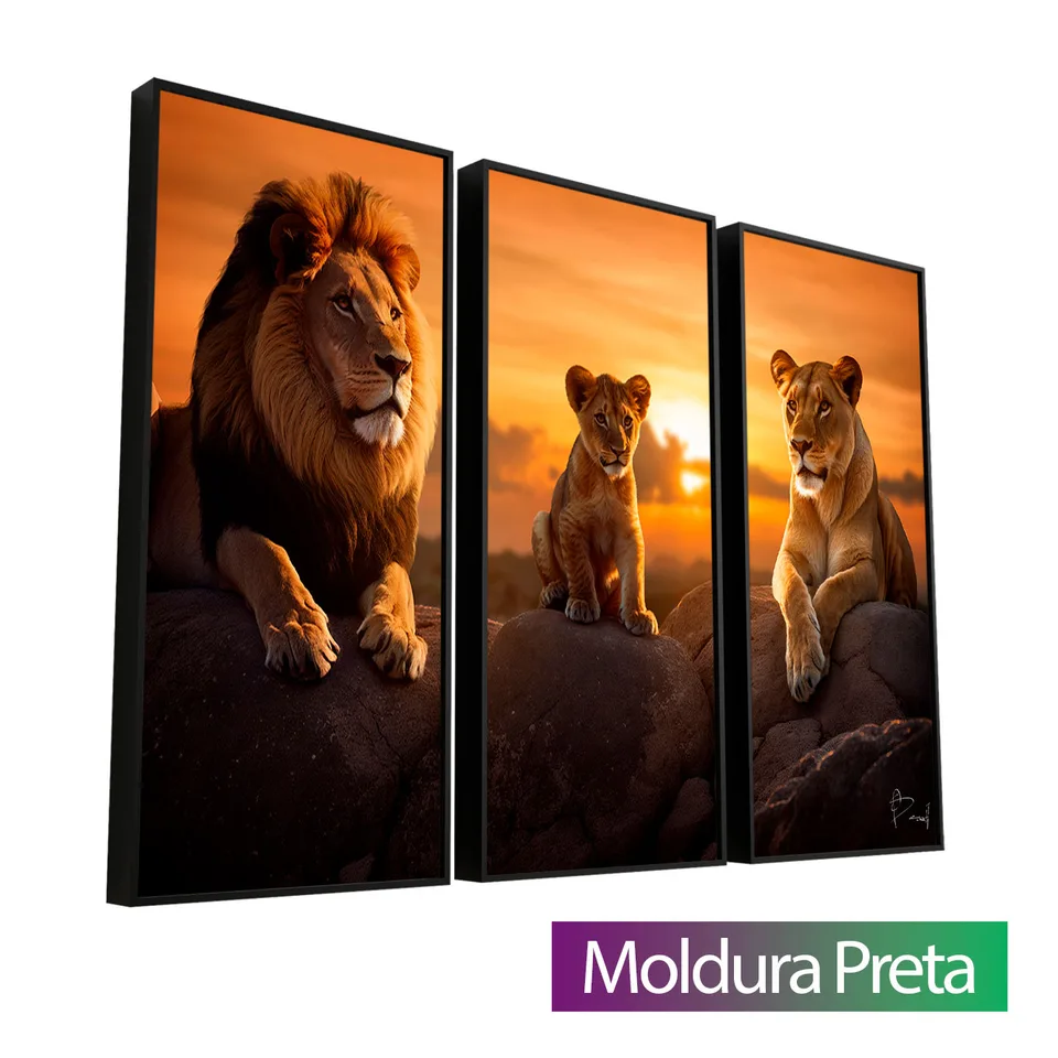 Quadro Família de Leões 3 Peças com moldura de filete preta