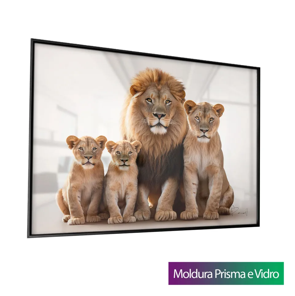 Quadro Família de Leões Afetuosa com moldura Prisma e vidro