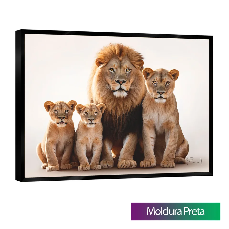Quadro Família de Leões Afetuosa com moldura de filete preta