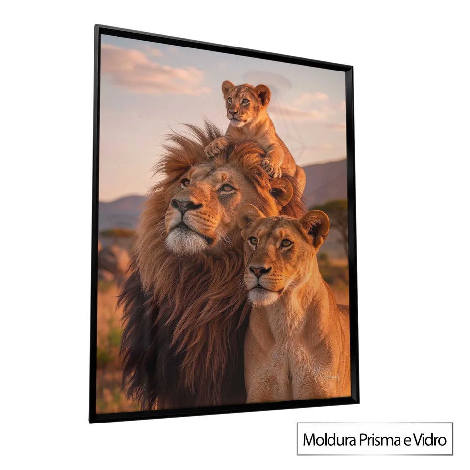 Quadro Família de Leões ao Entardecer com moldura Prisma e vidro