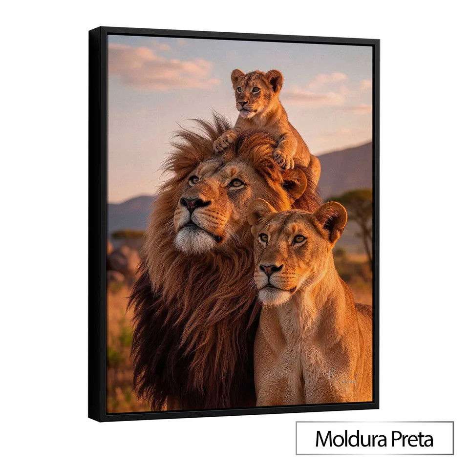Quadro Família de Leões ao Entardecer com moldura de filete preta