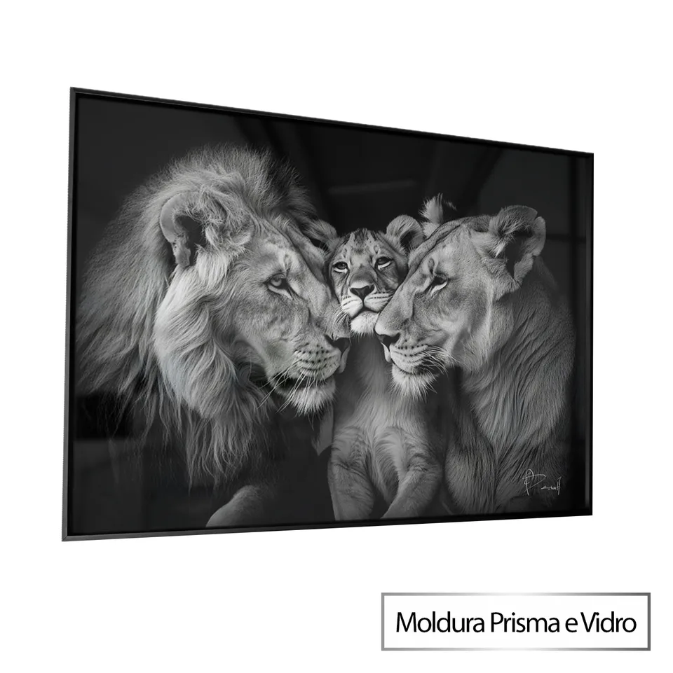 Quadro Família de Leões Carinhosos com moldura Prisma e vidro