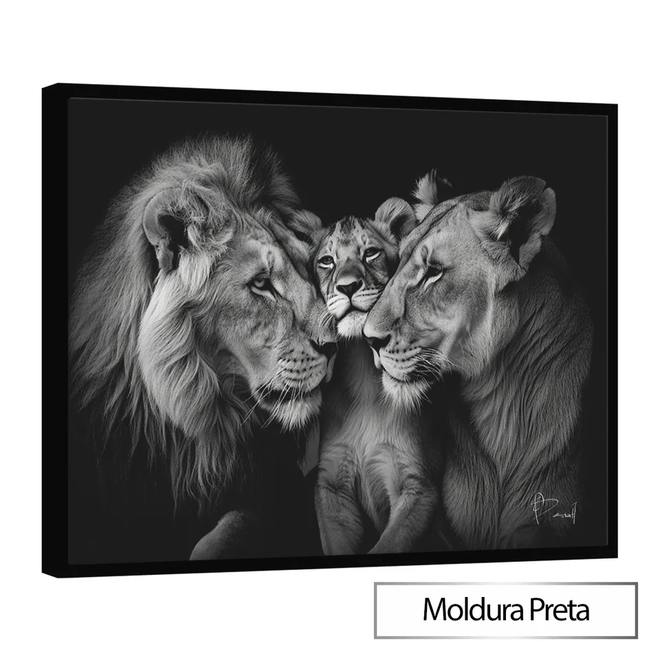 Quadro Família de Leões Carinhosos com moldura de filete preta