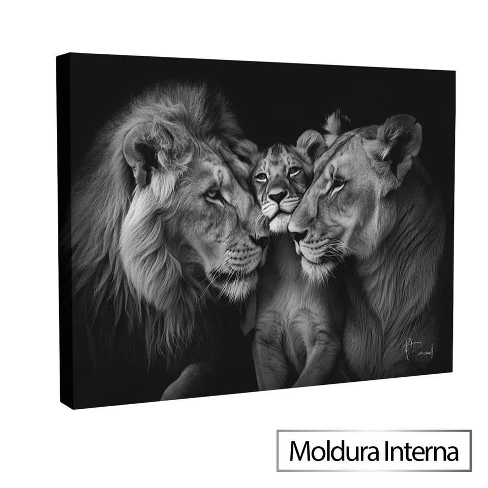 Quadro Família de Leões Carinhosos com moldura interna