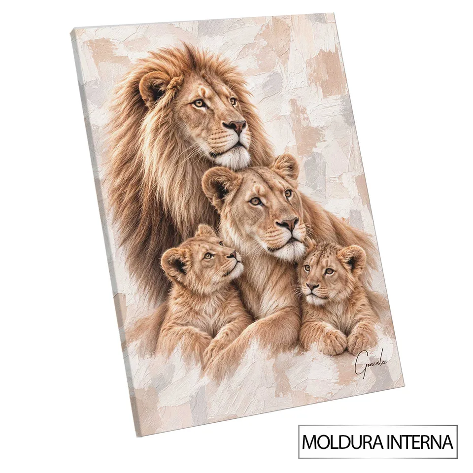 Quadro Família de Leões - Coleção Cream Art — Moldura Interna, Médio 64x48