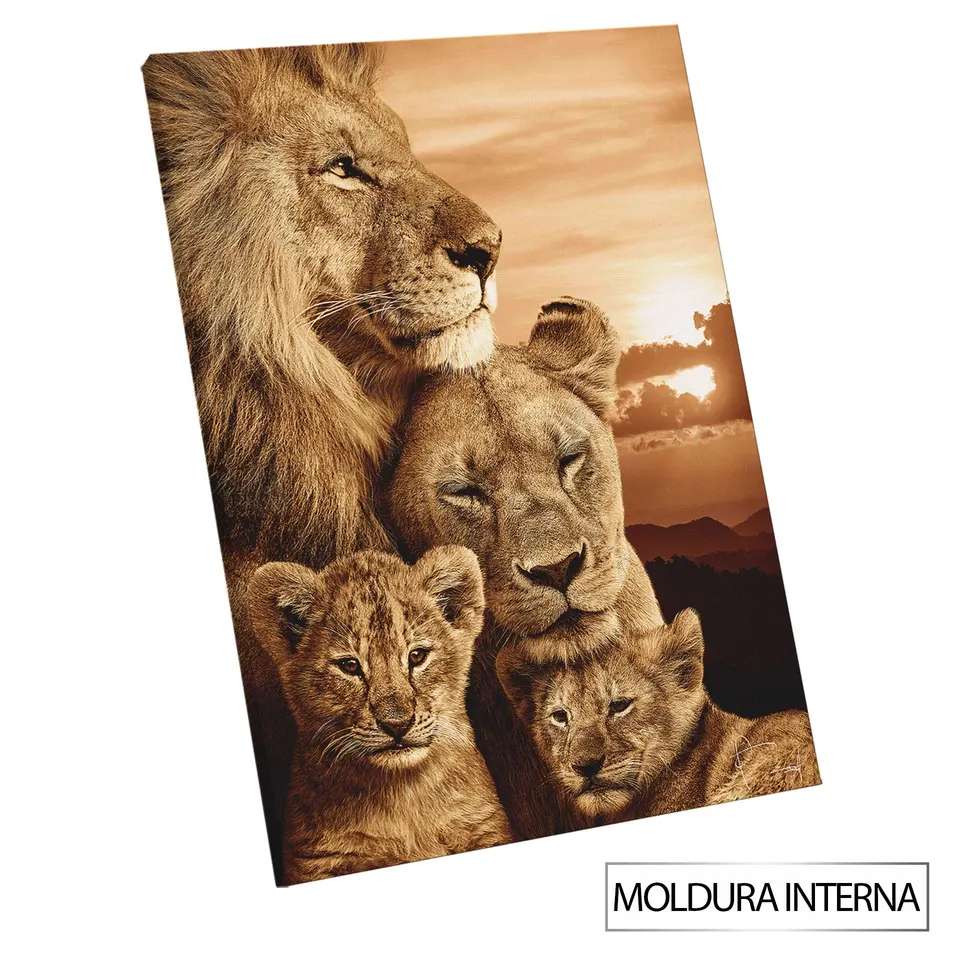 Quadro Família de Leões Colorido com moldura interna