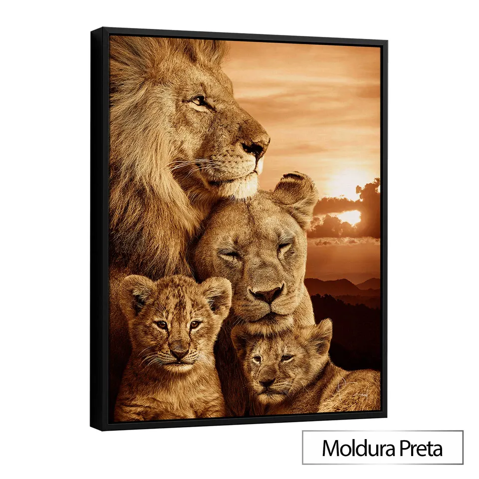 Quadro Família de Leões Colorido com moldura de filete preta
