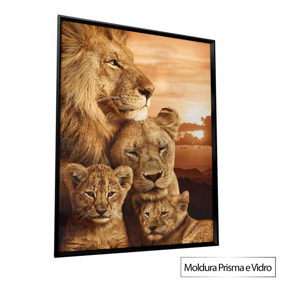 Quadro Família de Leões Colorido com moldura Prisma e vidro