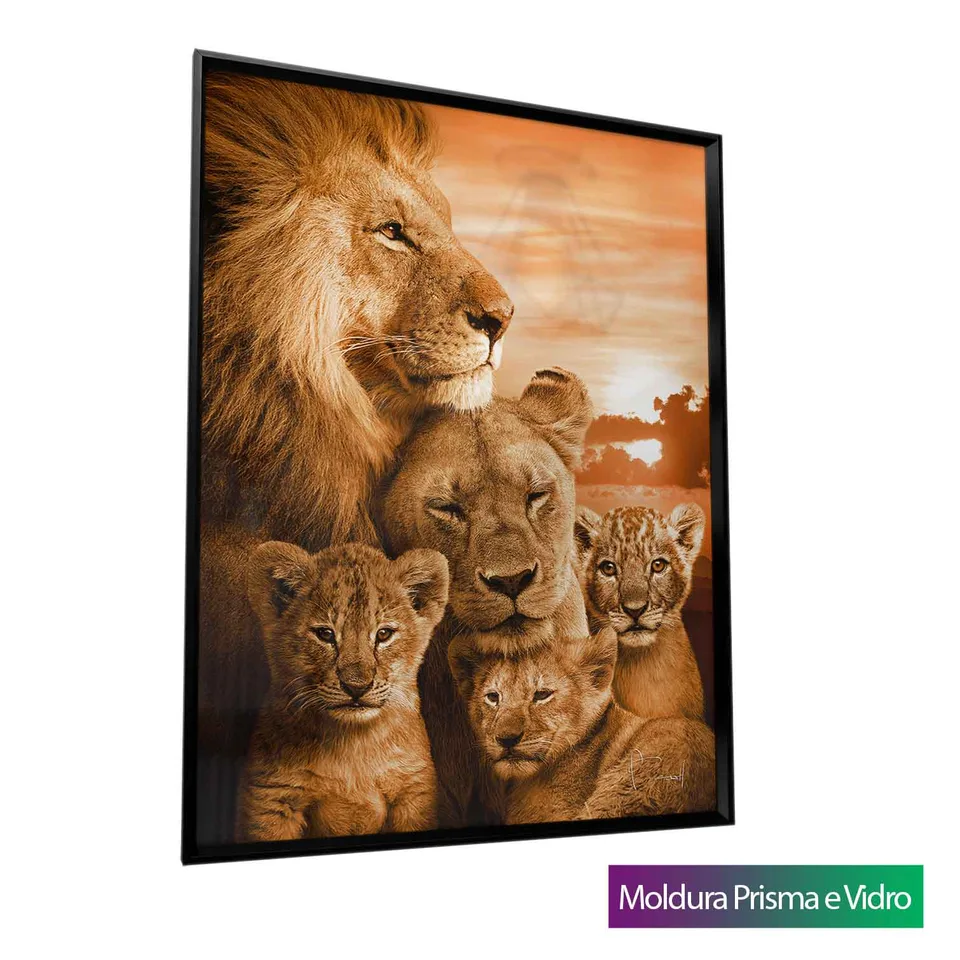 Quadro Família de Leões com 3 Filhotes com moldura Prisma e vidro