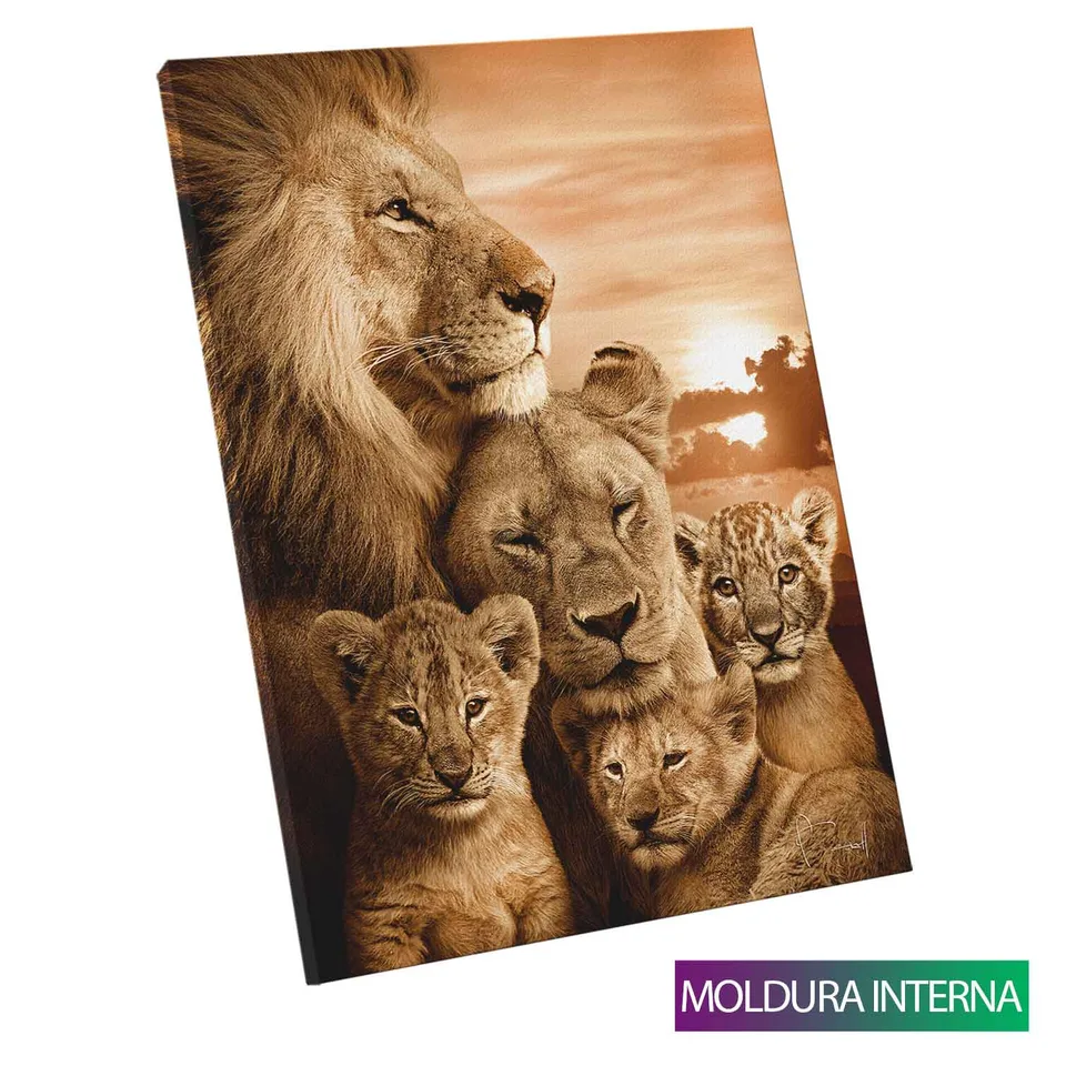 Quadro Família de Leões com 3 Filhotes com moldura interna