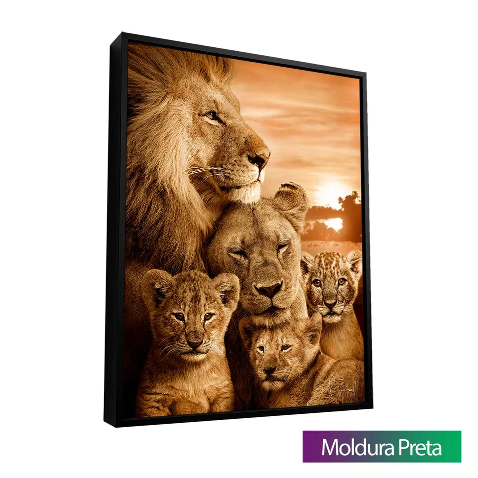 Quadro Família de Leões com 3 Filhotes com moldura de filete preta