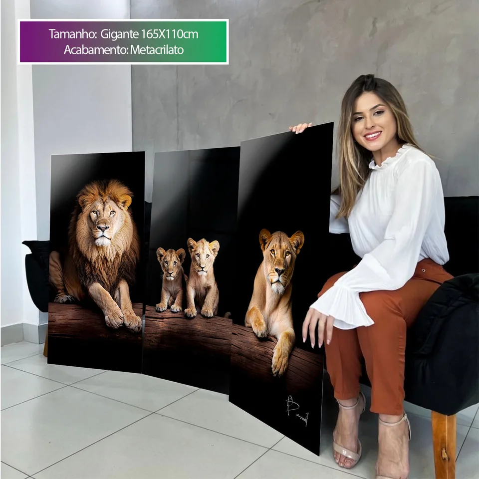 Quadro Família de Leões Elegantes - 2 Filhotes 3 Peças, de Benoit — foto 3