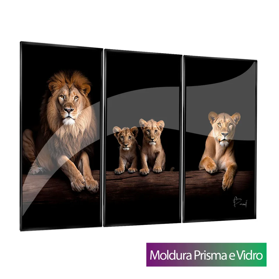 Quadro Família de Leões Elegantes - 2 Filhotes 3 Peças com moldura Prisma e vidro