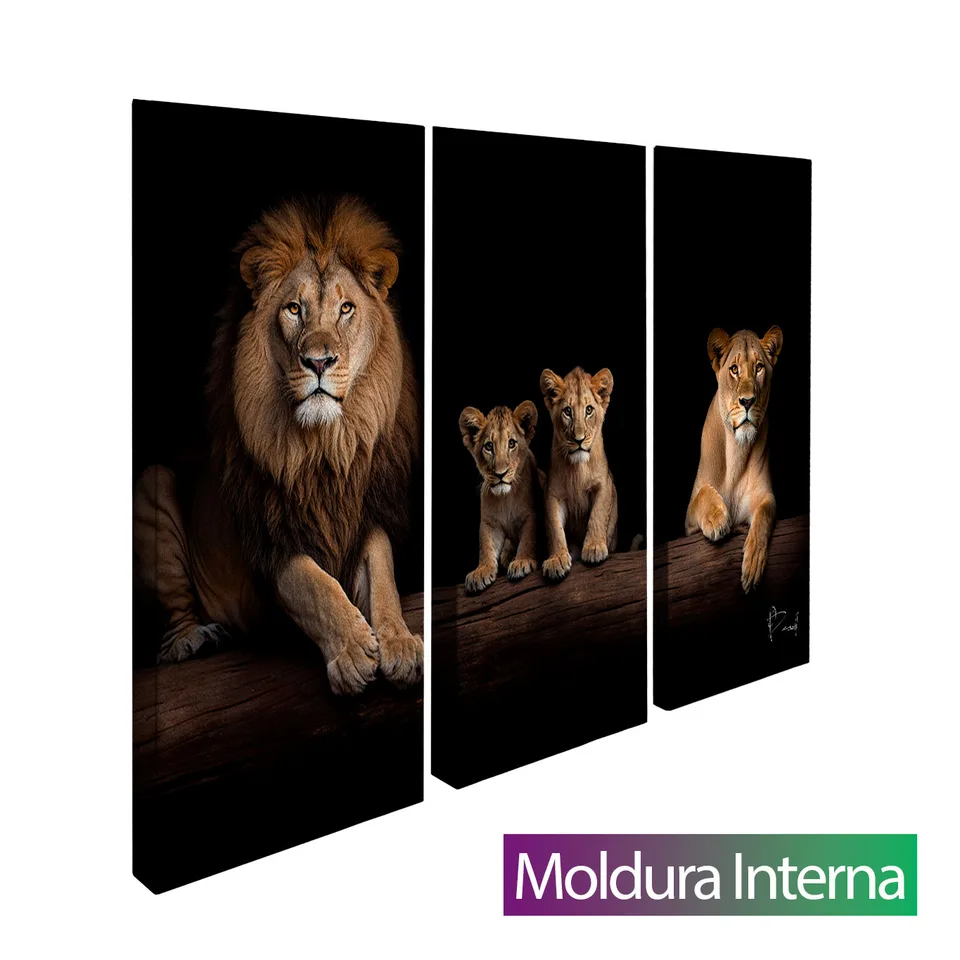 Quadro Família de Leões Elegantes - 2 Filhotes 3 Peças com moldura interna