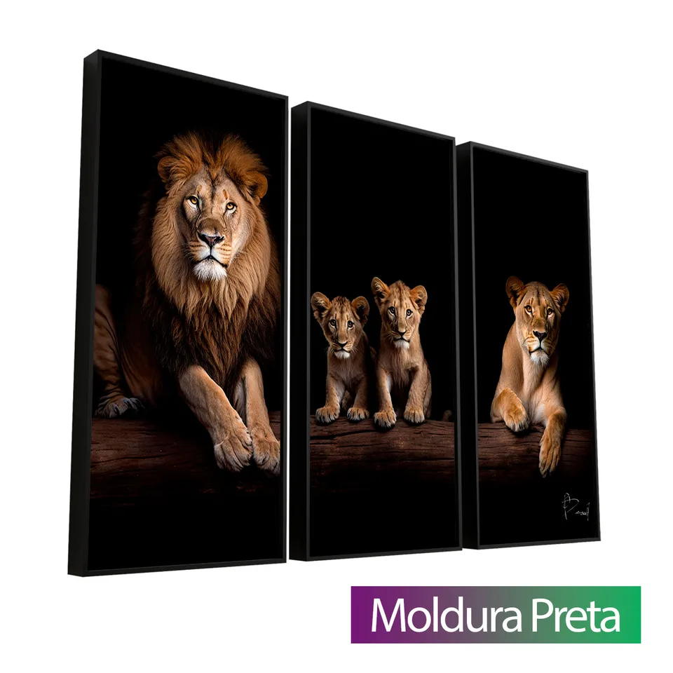 Quadro Família de Leões Elegantes - 2 Filhotes 3 Peças com moldura de filete preta
