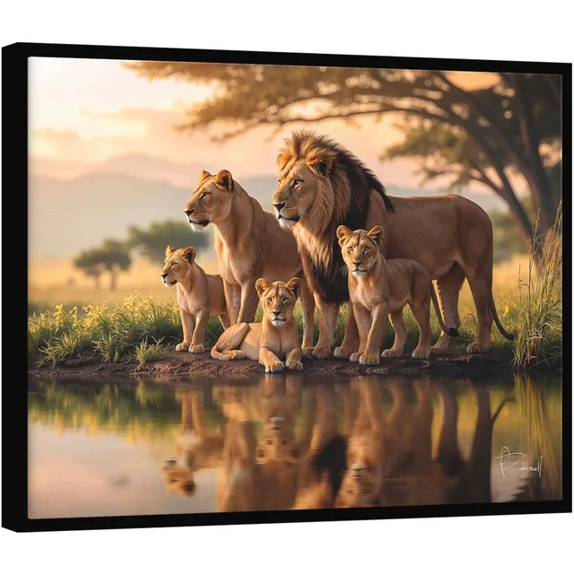 Quadro Família de Leões no Lago