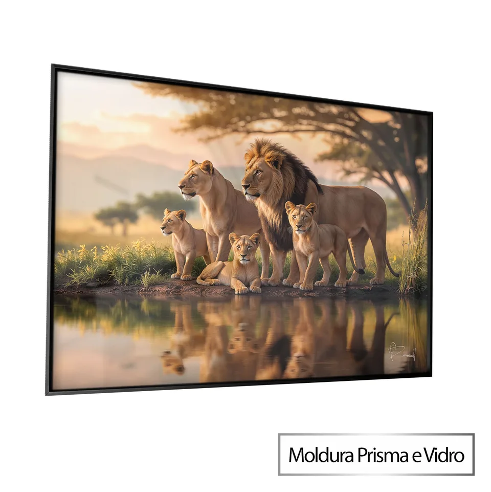Quadro Família de Leões no Lago com moldura Prisma e vidro