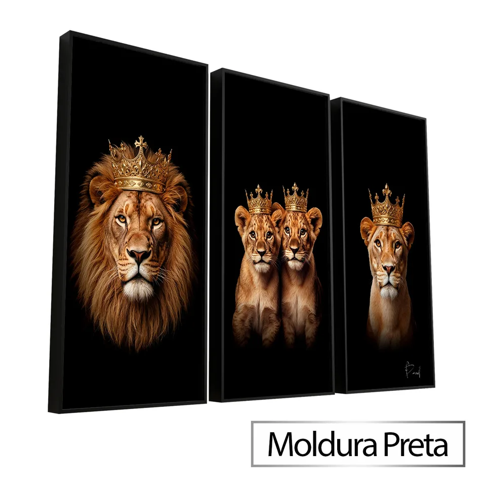 Quadro Familia Real de Leões com moldura de filete preta