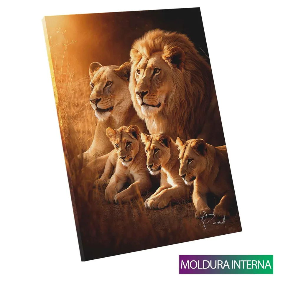 Quadro Família de Leões - 3 Filhotes com moldura interna