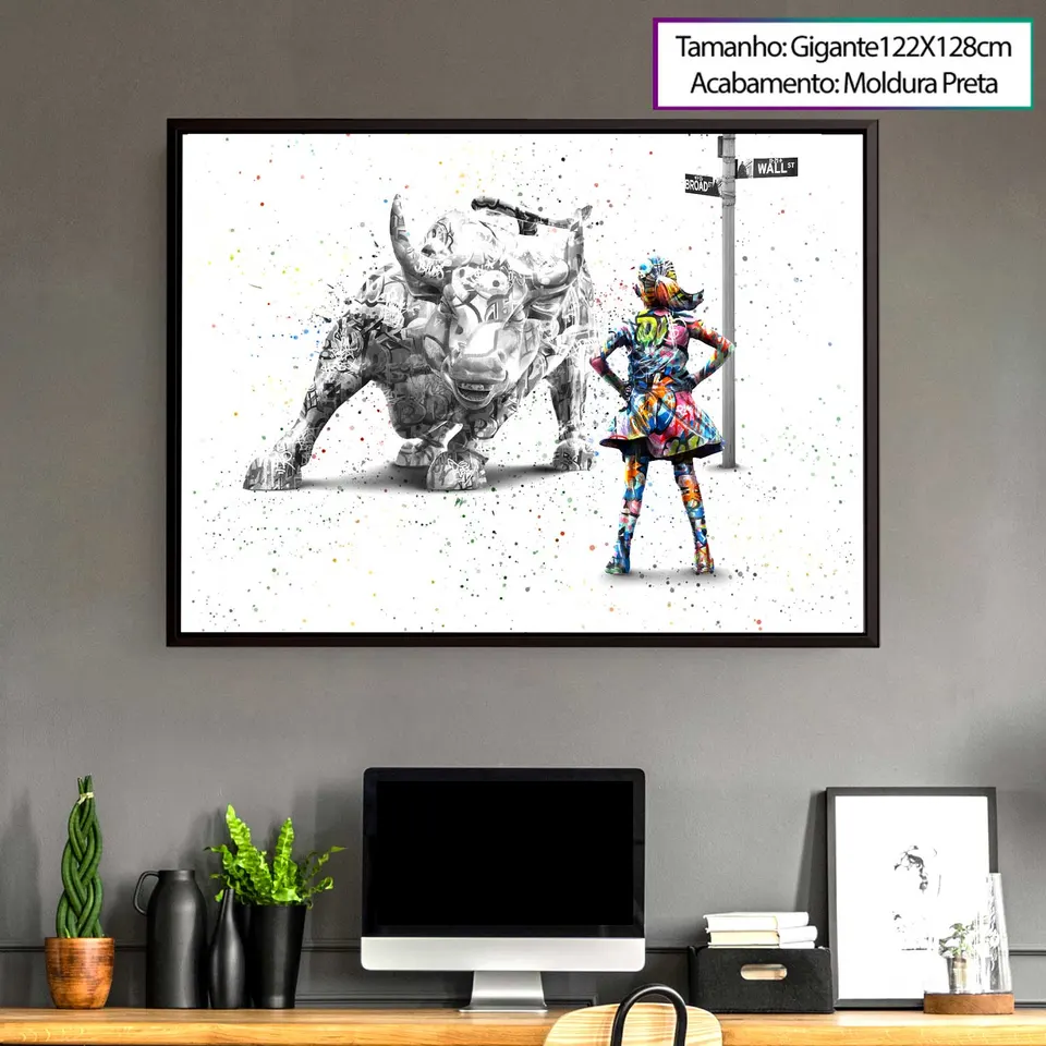 Quadro decorativo com touro de Wall Street e menina olhando para ele. Menina destemida grafite craig