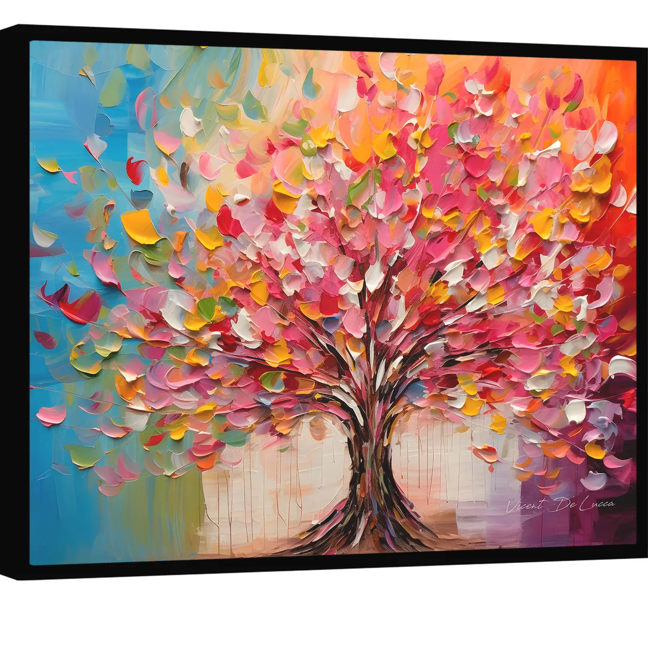 Quadro Árvore Explosão de Cores, árvore em flor com folhagem em pastilhas de tinta rosa e vermelha