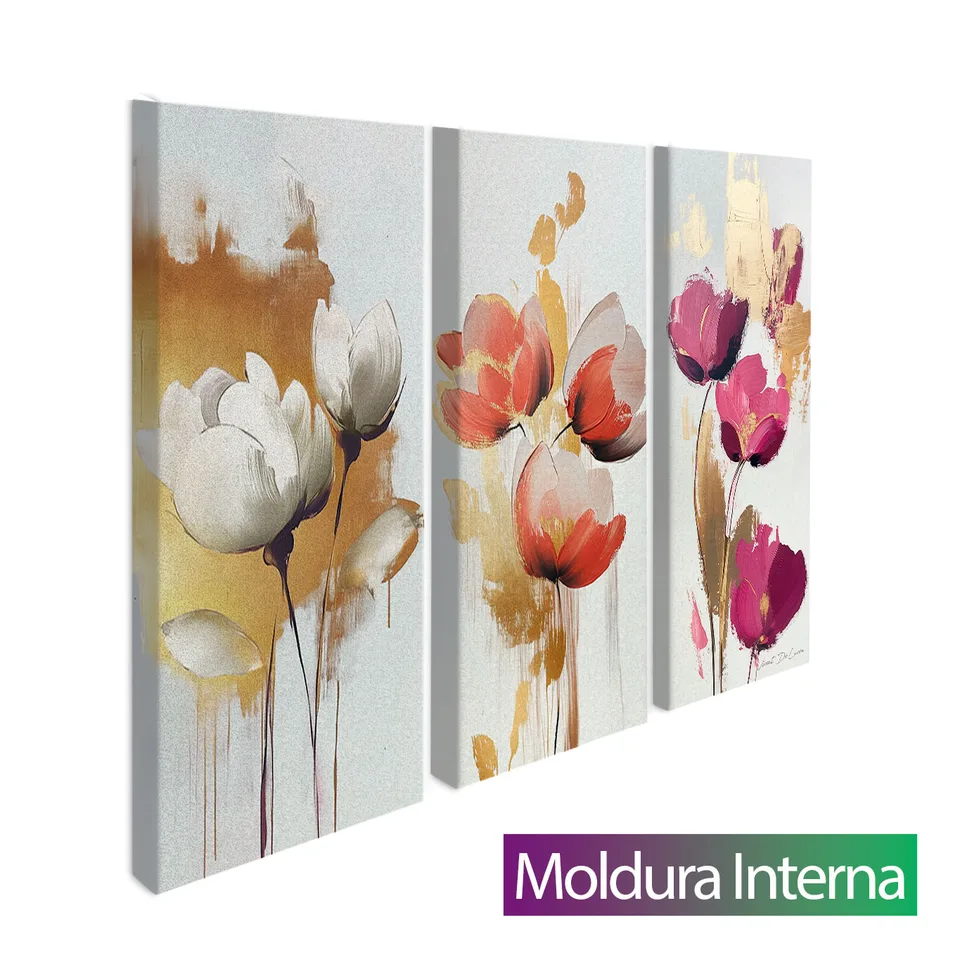 Quadro Flores Elegantes 3 Peças com moldura interna