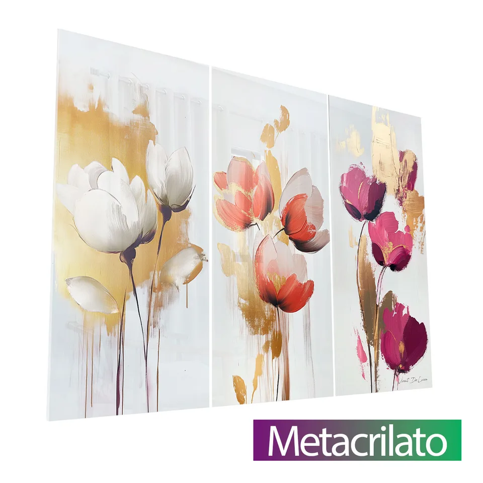 Quadro Flores Elegantes 3 Peças com acabamento em metacrilato