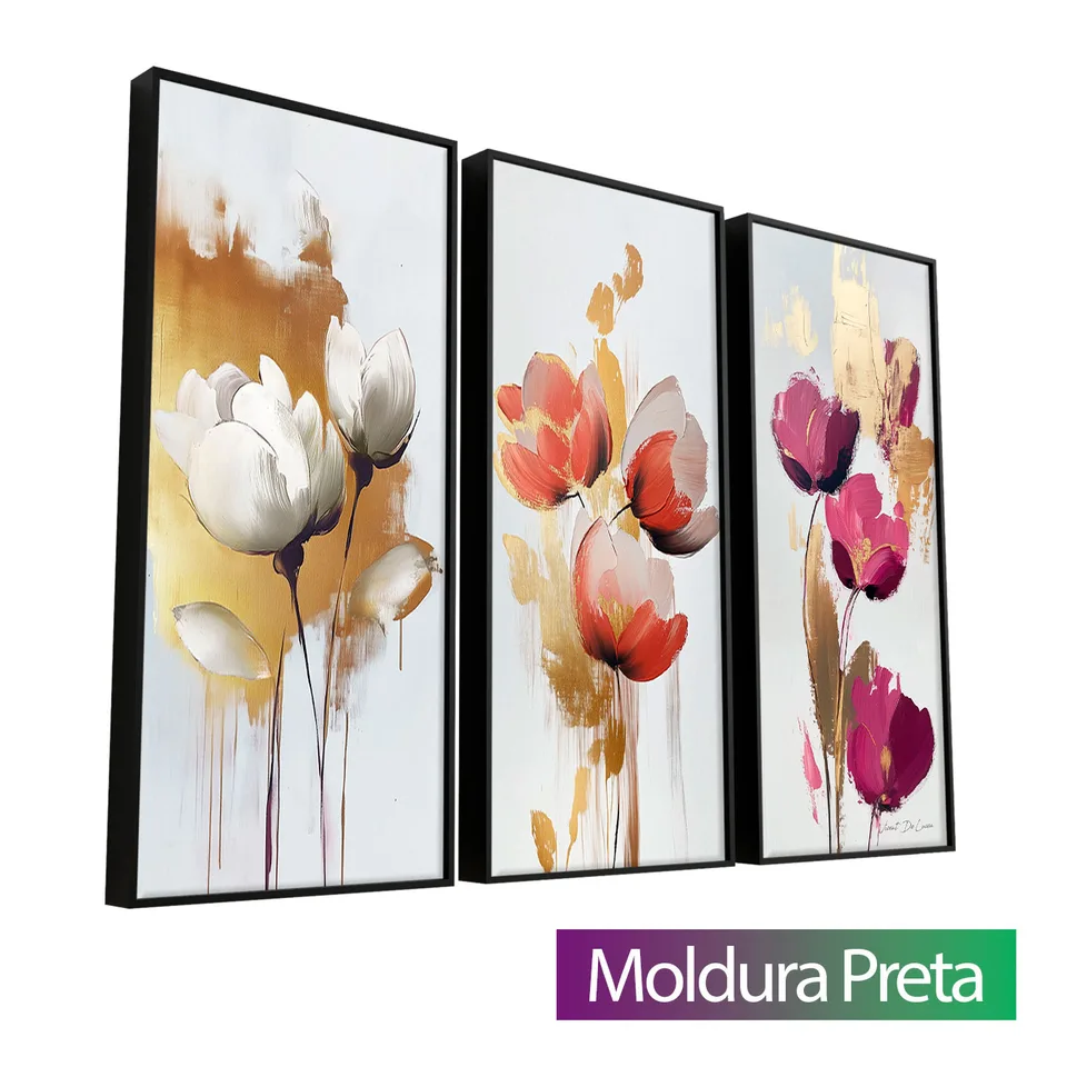 Quadro Flores Elegantes 3 Peças com moldura de filete preta