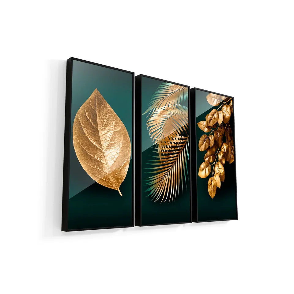 Quadro Abstrato As Folhas de Midas 3 Peças com moldura Prisma e vidro