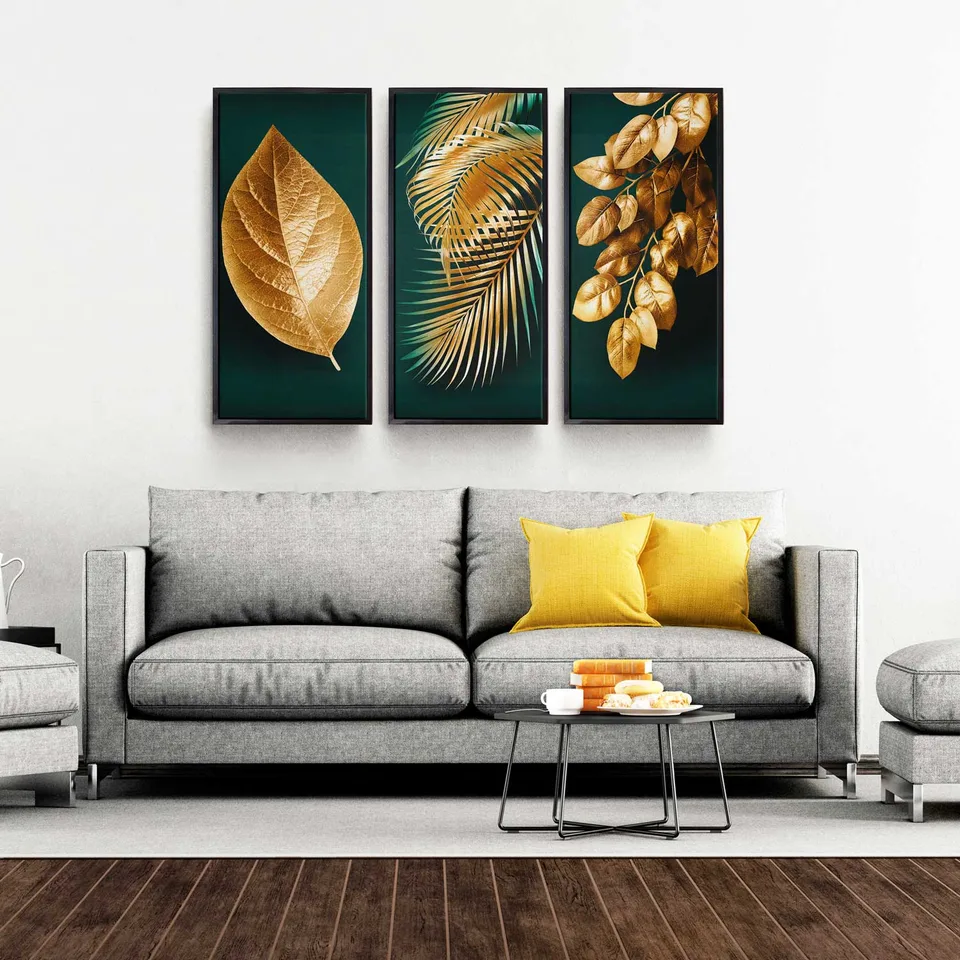 Quadro Abstrato As Folhas de Midas 3 Peças com moldura de filete preta (foto 11)