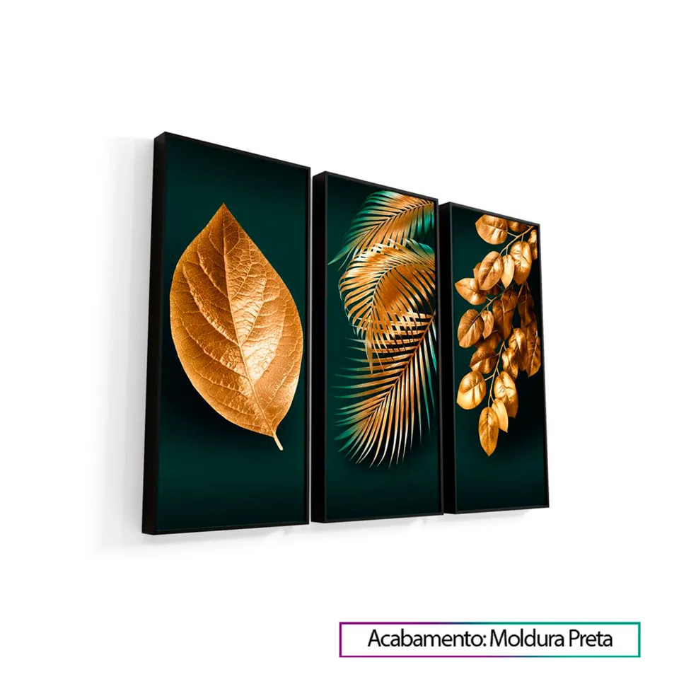 Quadro Abstrato As Folhas de Midas 3 Peças com moldura de filete preta