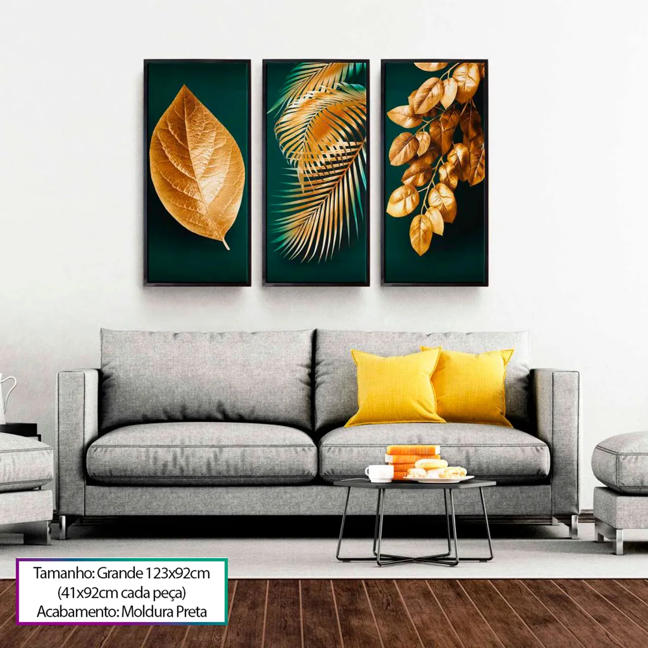 Quadro Abstrato As Folhas de Midas em três peças, folhas douradas sobre fundo verde-petróleo, na sala