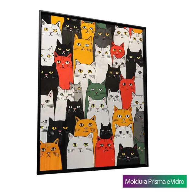 Quadro Gatos Coloridos com moldura Prisma e vidro