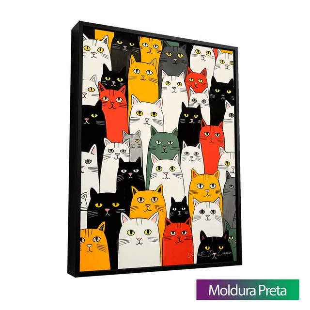 Quadro Gatos Coloridos com moldura de filete preta