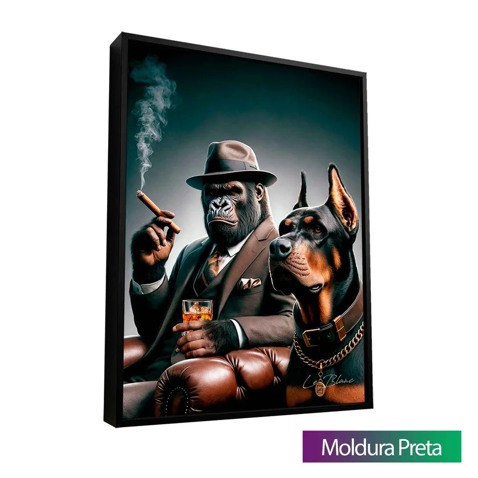 Quadro Gorila Gangster e Seu Cão com moldura de filete preta
