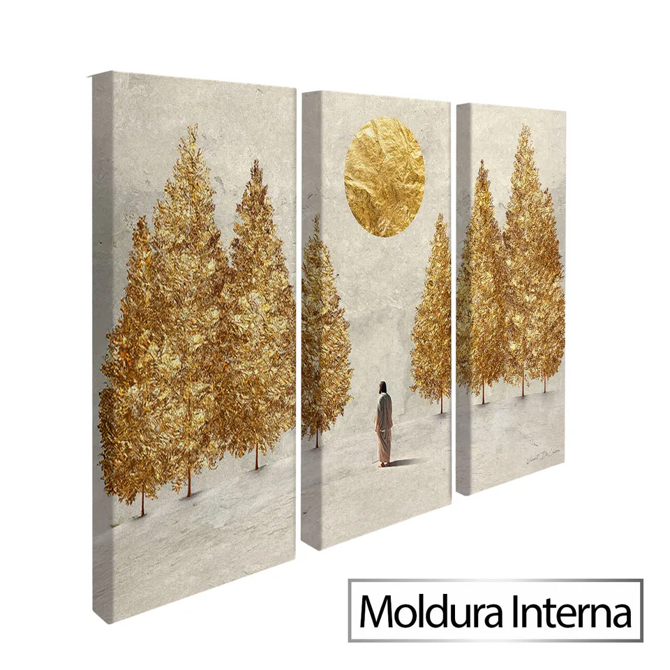 Quadro Jesus e as Árvores Douradas 3 Peças com moldura interna