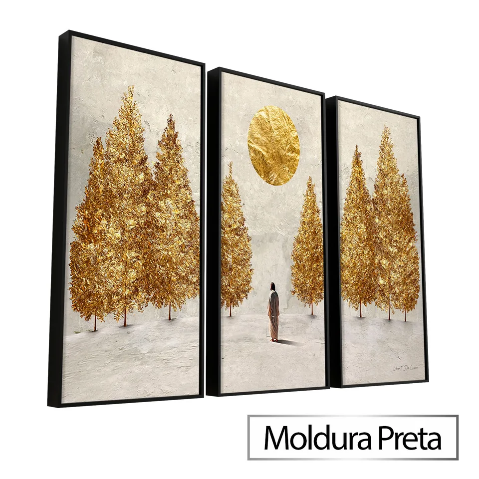 Quadro Jesus e as Árvores Douradas 3 Peças com moldura de filete preta