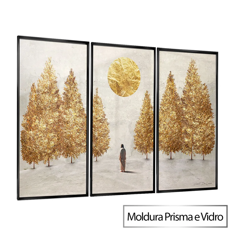 Quadro Jesus e as Árvores Douradas 3 Peças com moldura Prisma e vidro