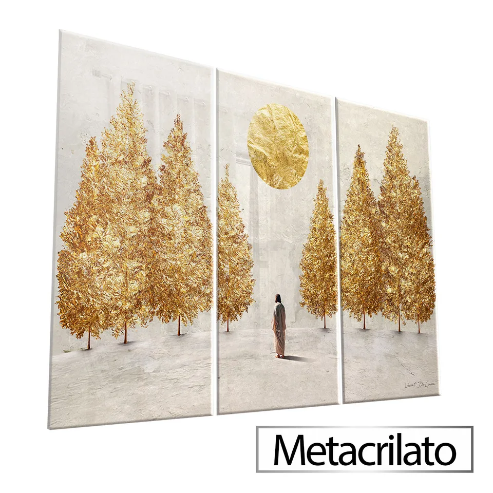 Quadro Jesus e as Árvores Douradas 3 Peças com acabamento em metacrilato