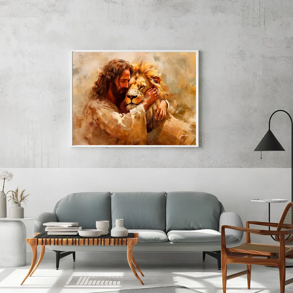 Quadro Jesus e Leão - Abraço Divino, de Gonzalez — foto 2