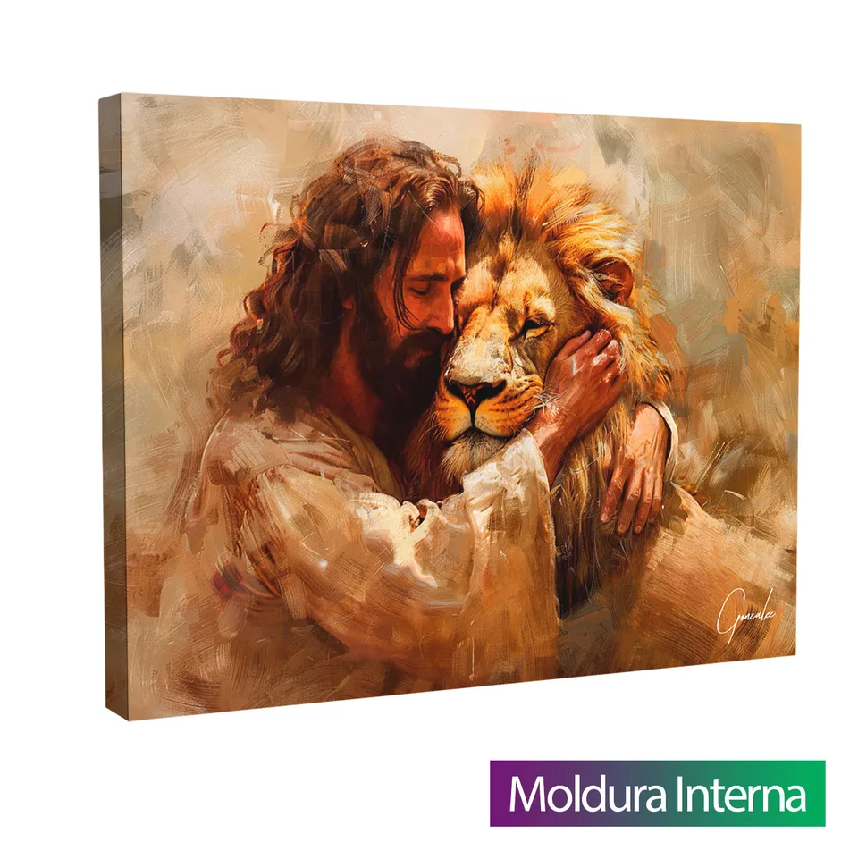 Quadro Jesus e Leão - Abraço Divino com moldura interna