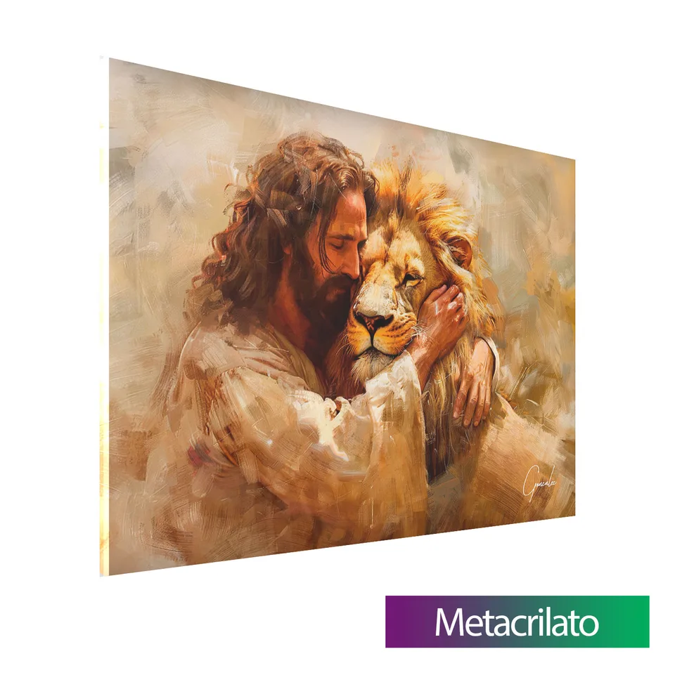 Quadro Jesus e Leão - Abraço Divino com acabamento em metacrilato
