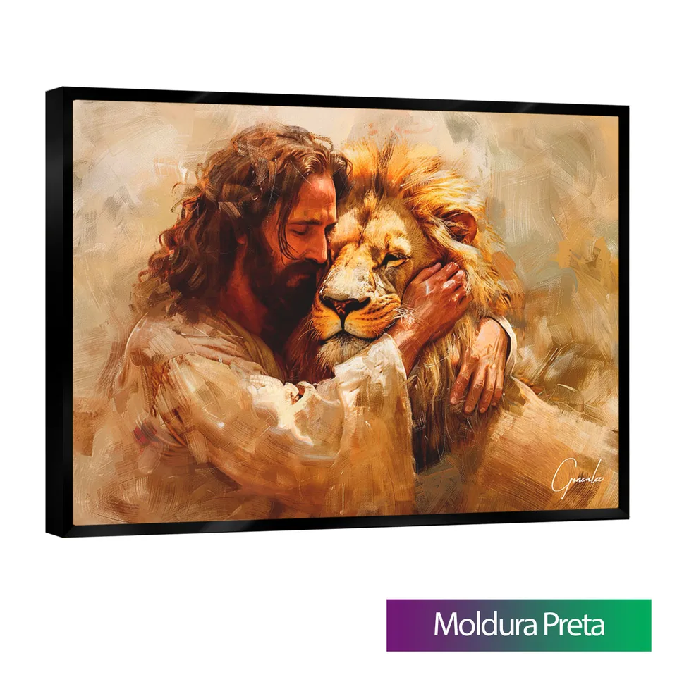 Quadro Jesus e Leão - Abraço Divino com moldura de filete preta